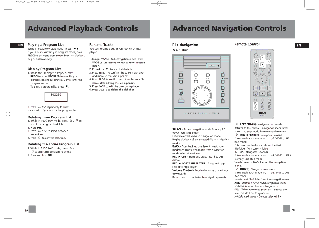 RCA RS2050, RS2054 user manual EN Playing a Program List, Display Program List, Deleting from Program List Rename Tracks 