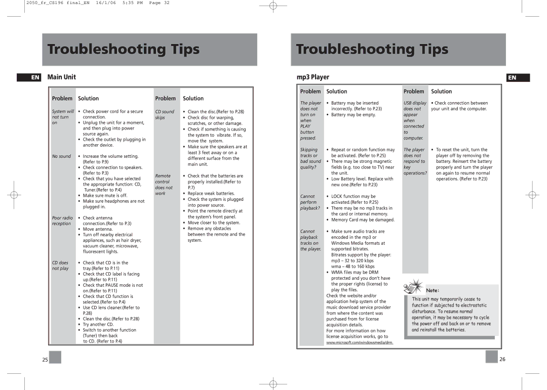 RCA RS2054, RS2050 user manual Troubleshooting Tips, EN Main Unit, Mp3 Player, Problem Solution 