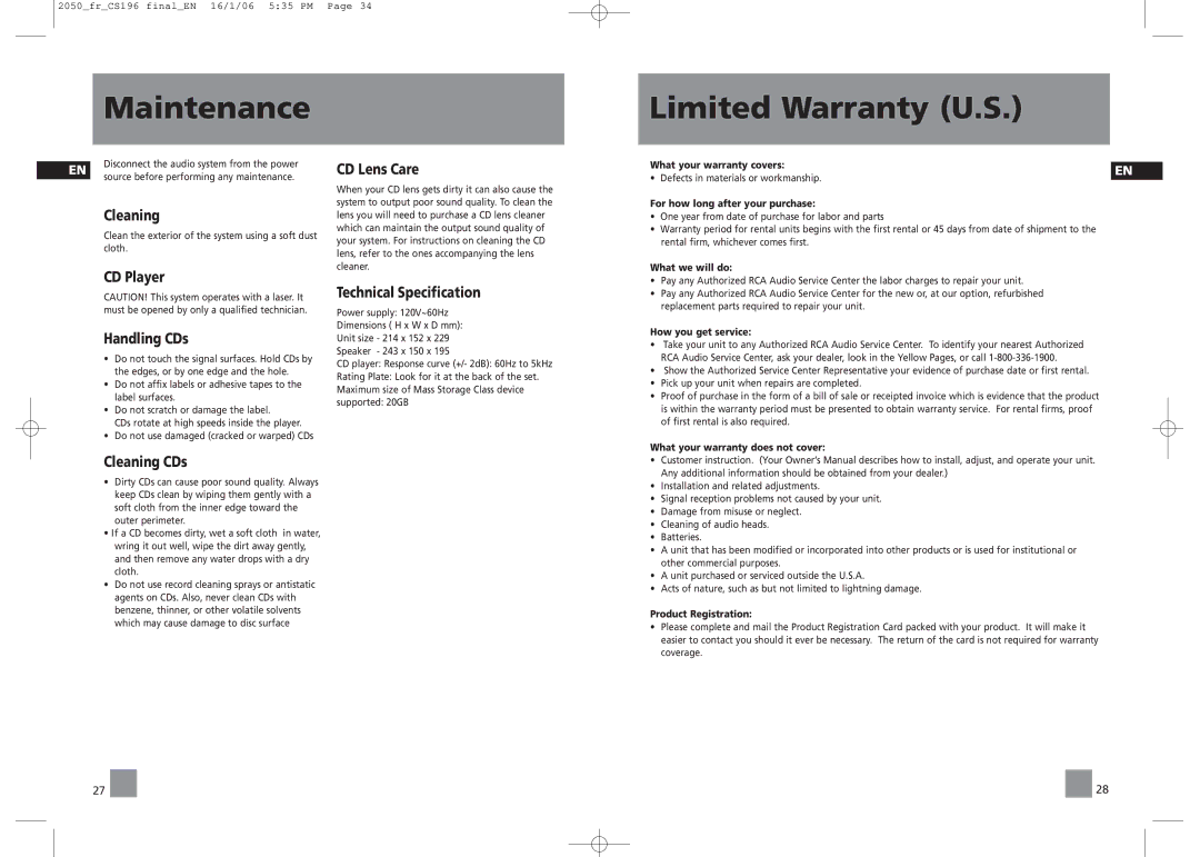 RCA RS2050, RS2054 user manual Maintenance Limited Warranty U.S, CD Player Handling CDs, CD Lens Care, Cleaning CDs 