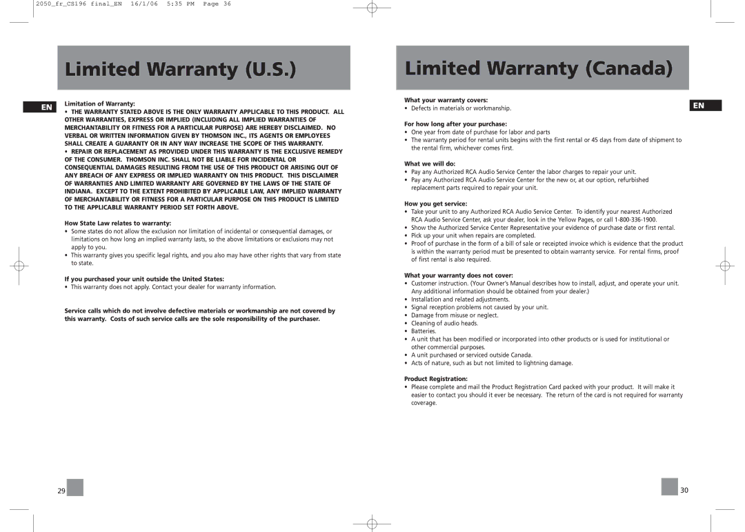 RCA RS2054, RS2050 Limited Warranty Canada, Limitation of Warranty, To the Applicable Warranty Period SET Forth Above 