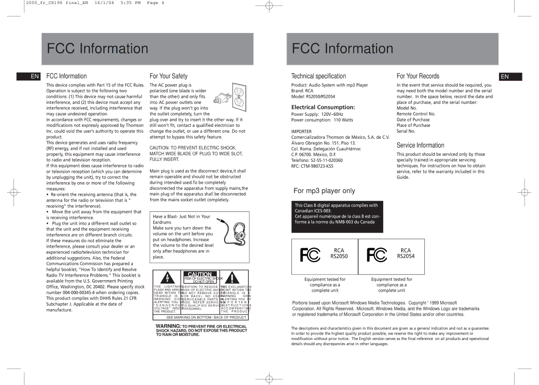 RCA RS2054, RS2050 user manual FCC Information 