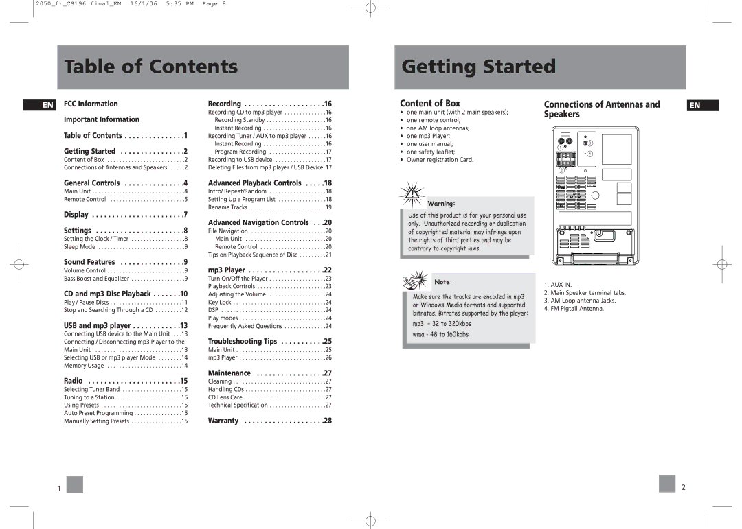 RCA RS2054, RS2050 user manual Table of Contents Getting Started 