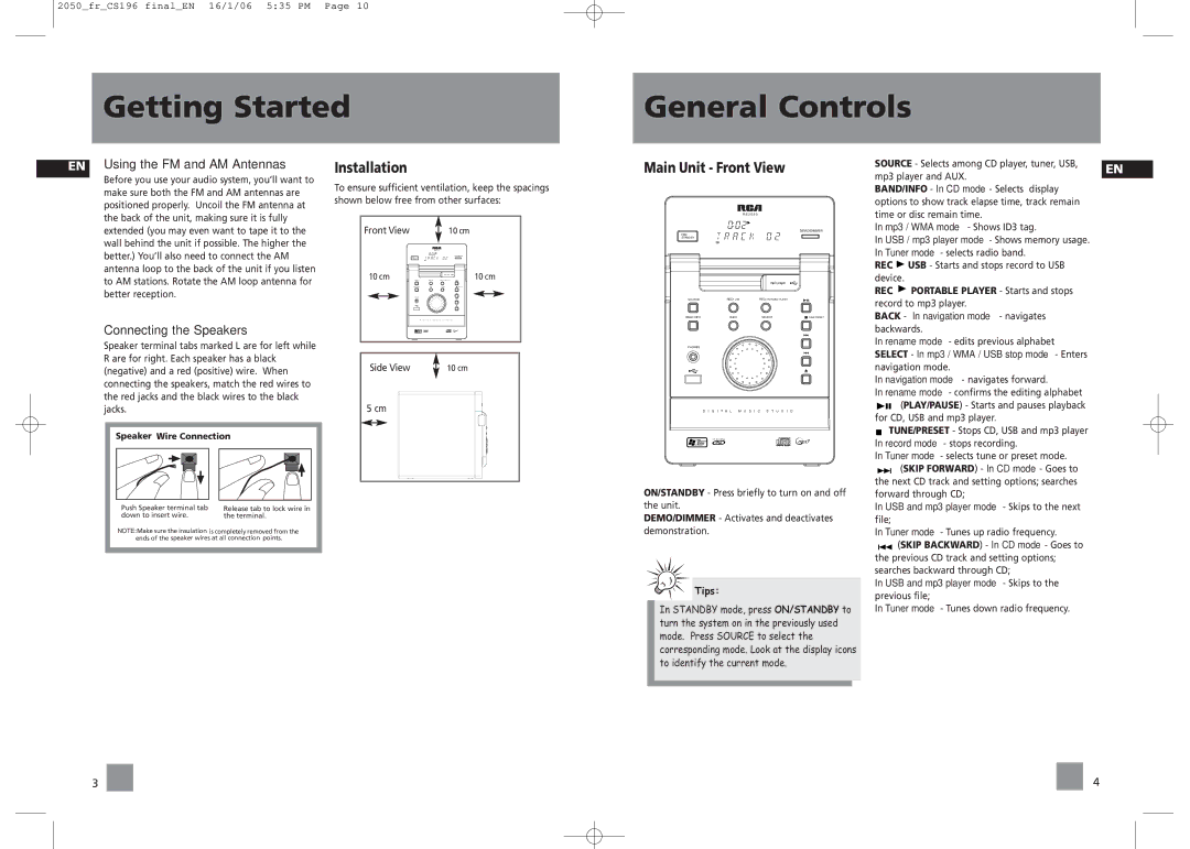 RCA RS2050, RS2054 user manual Getting Started General Controls, Main Unit Front View, EN Using the FM and AM Antennas, Rec 