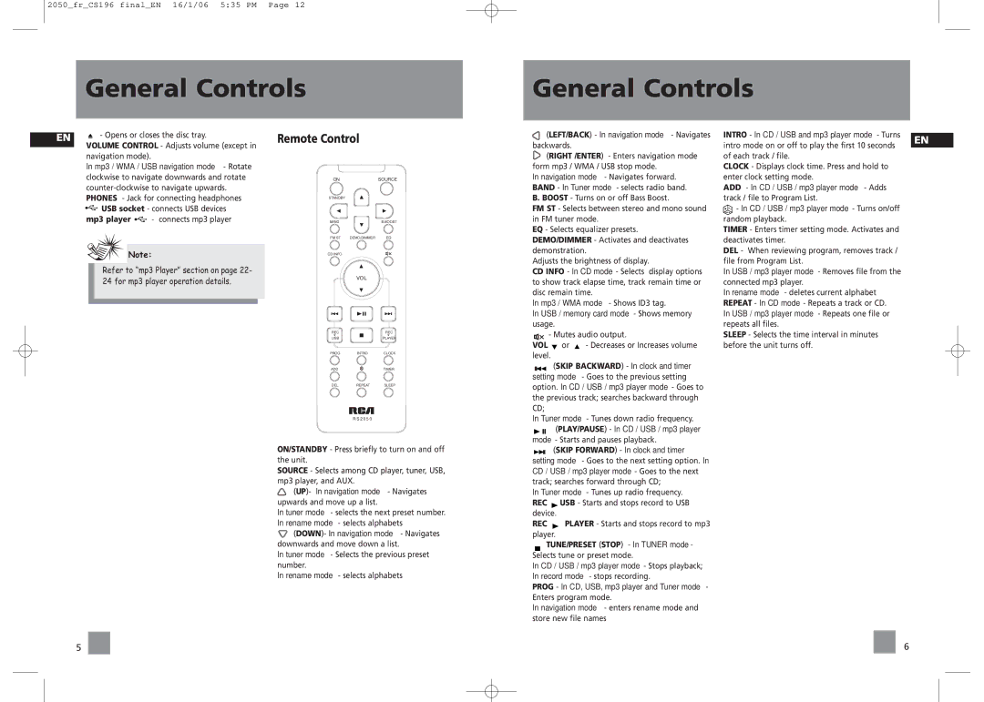 RCA RS2054, RS2050 user manual Remote Control, Mp3 player, TUNE/PRESET Stop In Tuner mode 