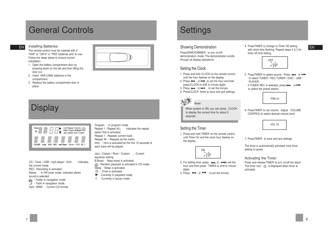 RCA RS2050, RS2054 user manual Display Settings, Showing Demonstration, Setting the Clock, Setting the Timer 