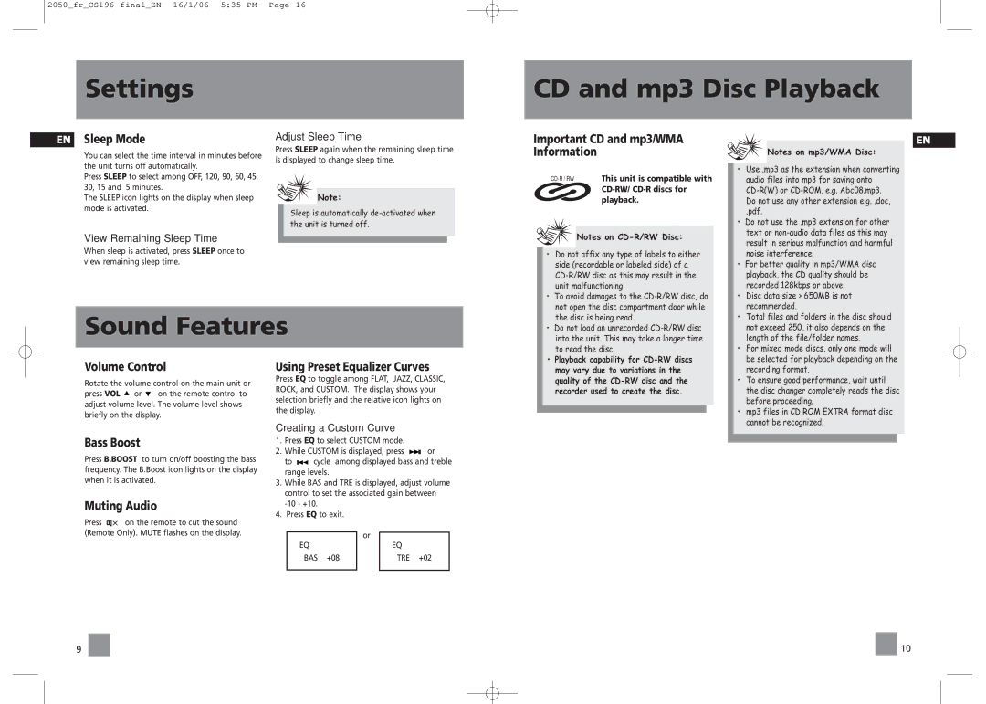 RCA RS2054, RS2050 user manual Settings CD and mp3 Disc Playback, Sound Features 