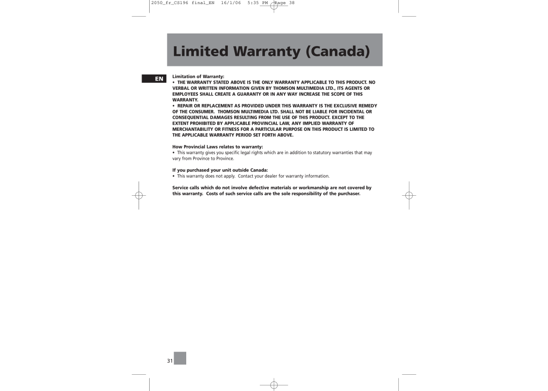 RCA RS2050, RS2054 user manual Limited Warranty Canada, Limitation of Warranty 