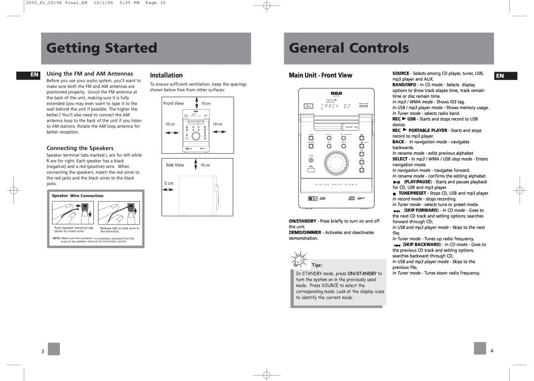 RCA RS2050, RS2054 user manual General Controls, Main Unit - Front View, Getting Started, Installation, Tips 