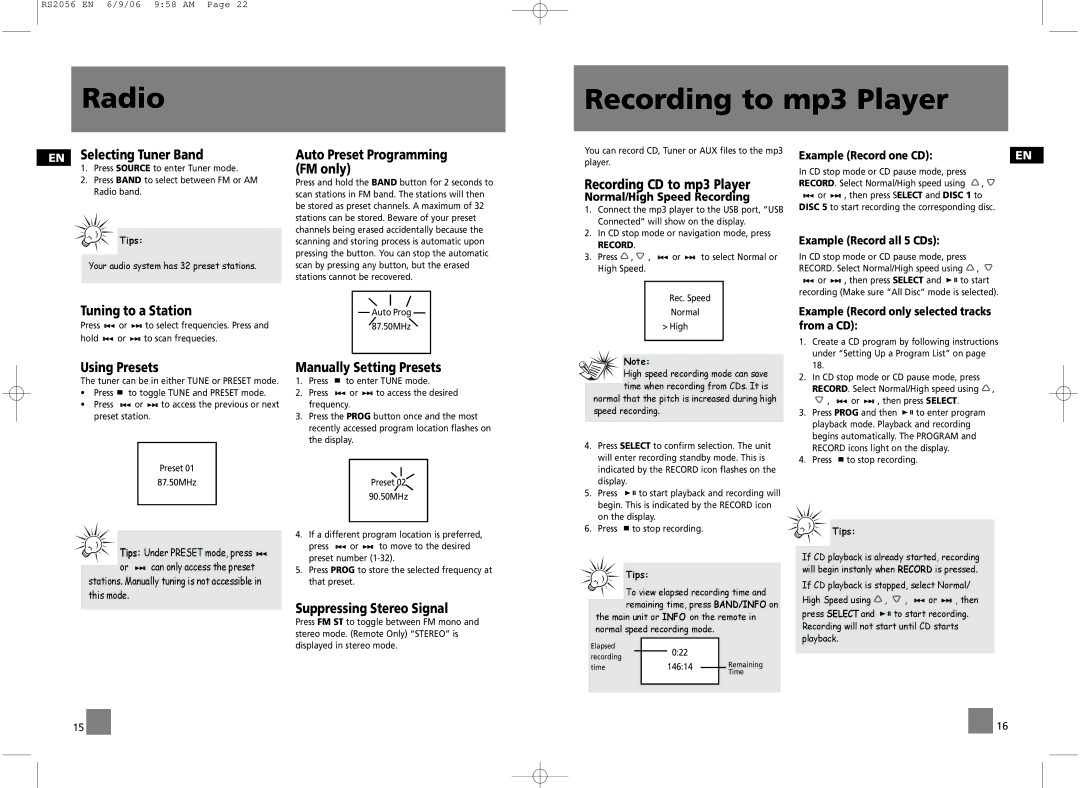 RCA RD2056A, RS2056 user manual Radio Recording to mp3 Player 