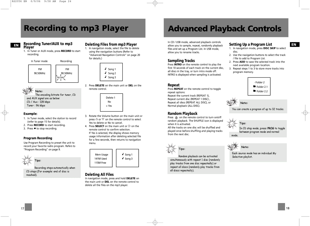 RCA RS2056, RD2056A user manual Recording to mp3 Player Advanced Playback Controls 