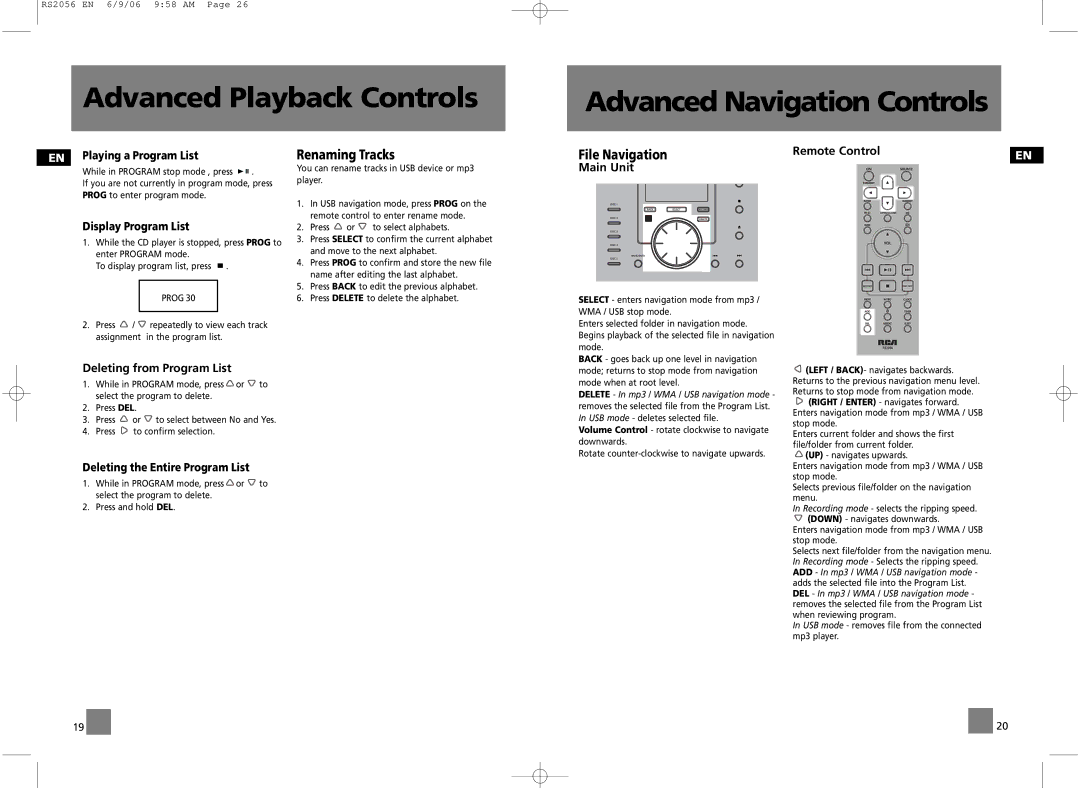 RCA RD2056A, RS2056 Advanced Playback Controls Advanced Navigation Controls, Renaming Tracks, Deleting from Program List 