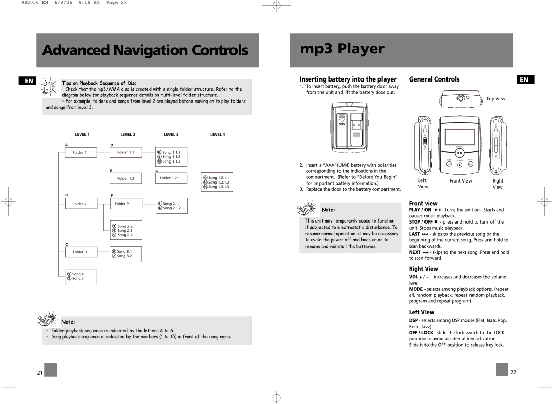 RCA RS2056, RD2056A user manual Mp3 Player, Inserting battery into the player, General Controls 