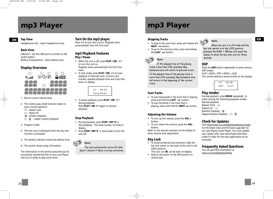 RCA RD2056A, RS2056 user manual Turn On the mp3 player, Display Overview Mp3 Playback Features, Key Lock, Play modes 