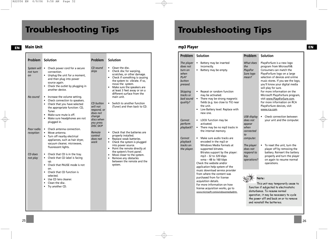 RCA RS2056, RD2056A user manual Troubleshooting Tips, EN Main Unit, Mp3 Player 