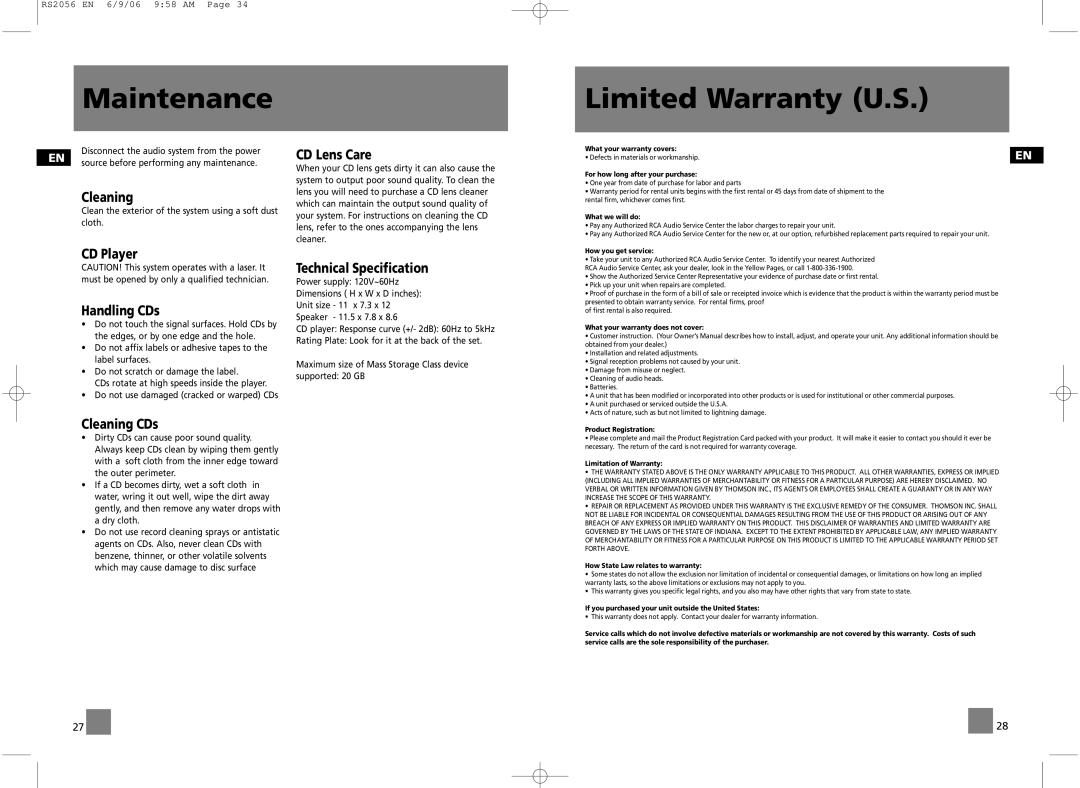 RCA RD2056A, RS2056 user manual Maintenance, Limited Warranty U.S 