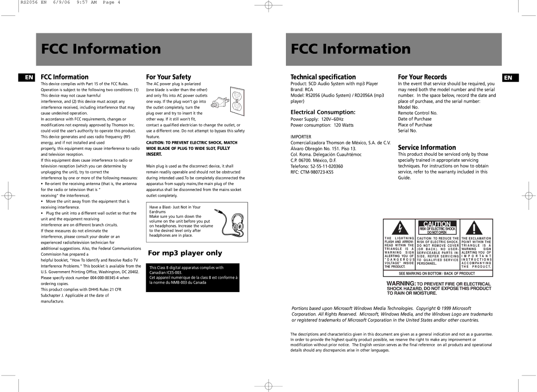 RCA RS2056, RD2056A user manual FCC Information 