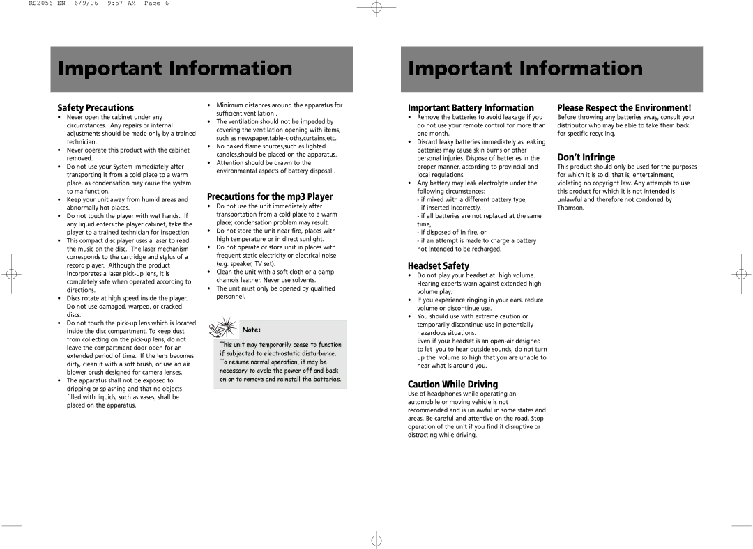 RCA RD2056A, RS2056 user manual Important Information 