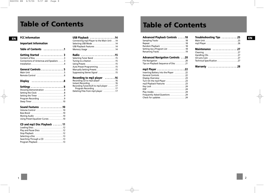 RCA RS2056, RD2056A user manual Table of Contents 