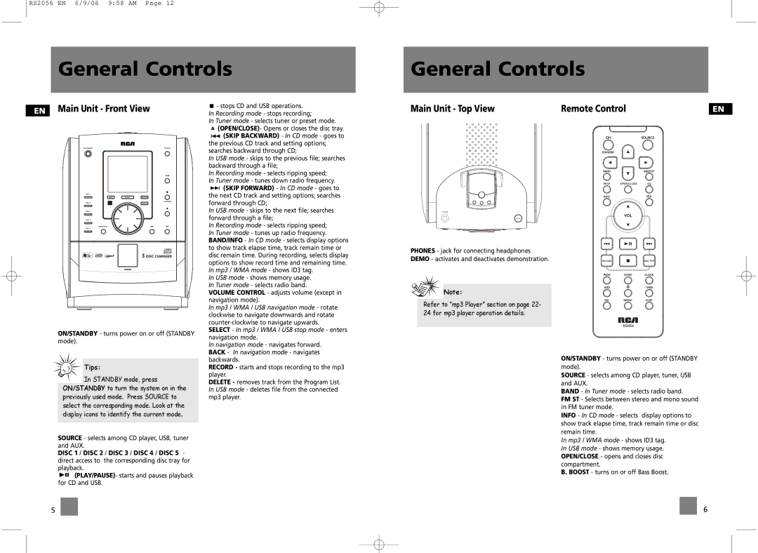 RCA RS2056, RD2056A user manual General Controls, EN Main Unit Front View, Main Unit Top View Remote Control 