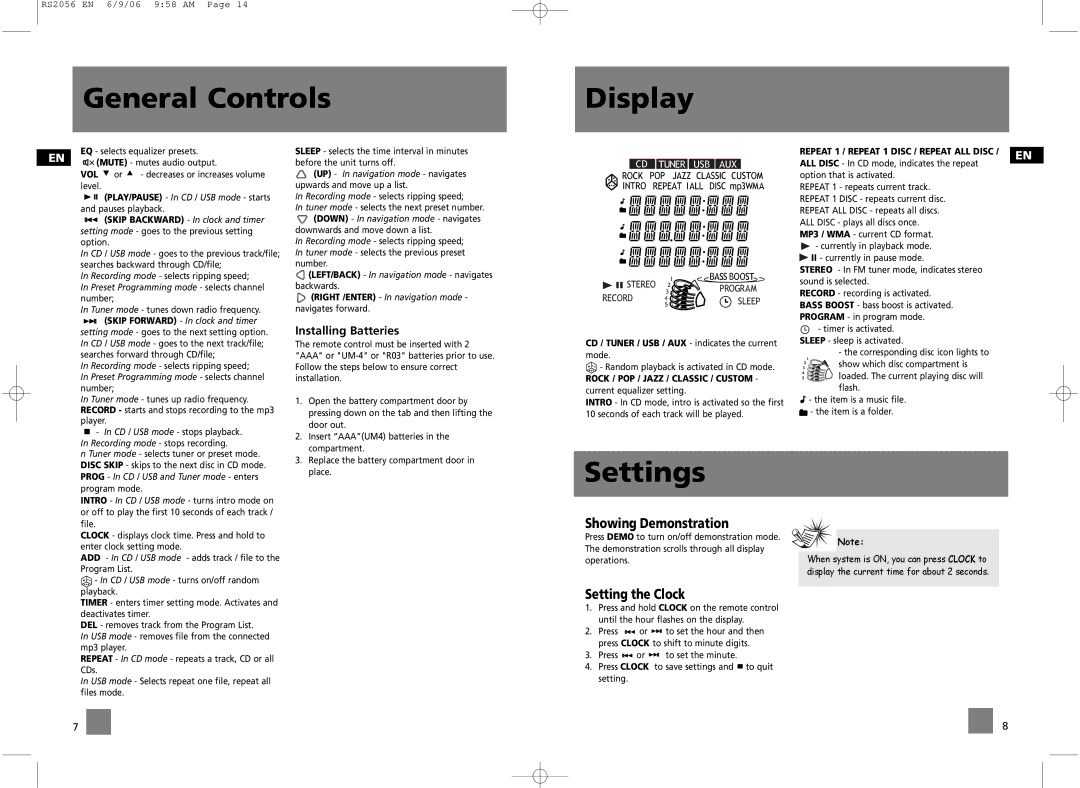 RCA RD2056A, RS2056 General Controls Display, Settings, Installing Batteries, Showing Demonstration, Setting the Clock 