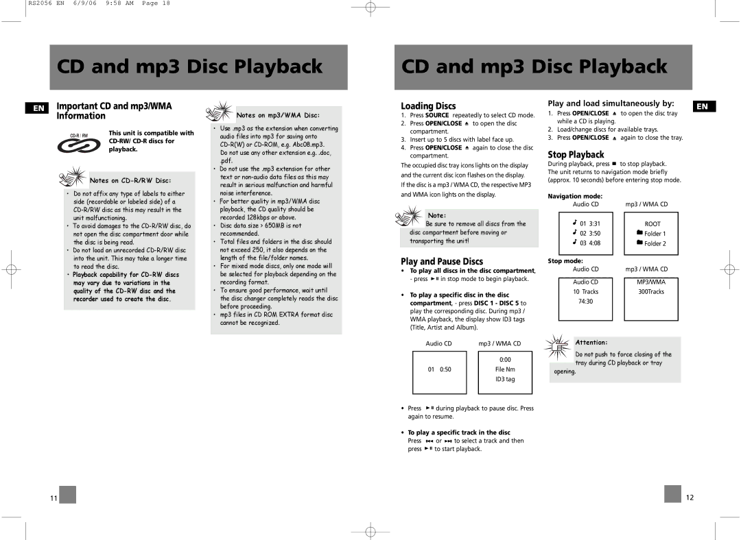 RCA RD2056A, RS2056 user manual CD and mp3 Disc Playback 