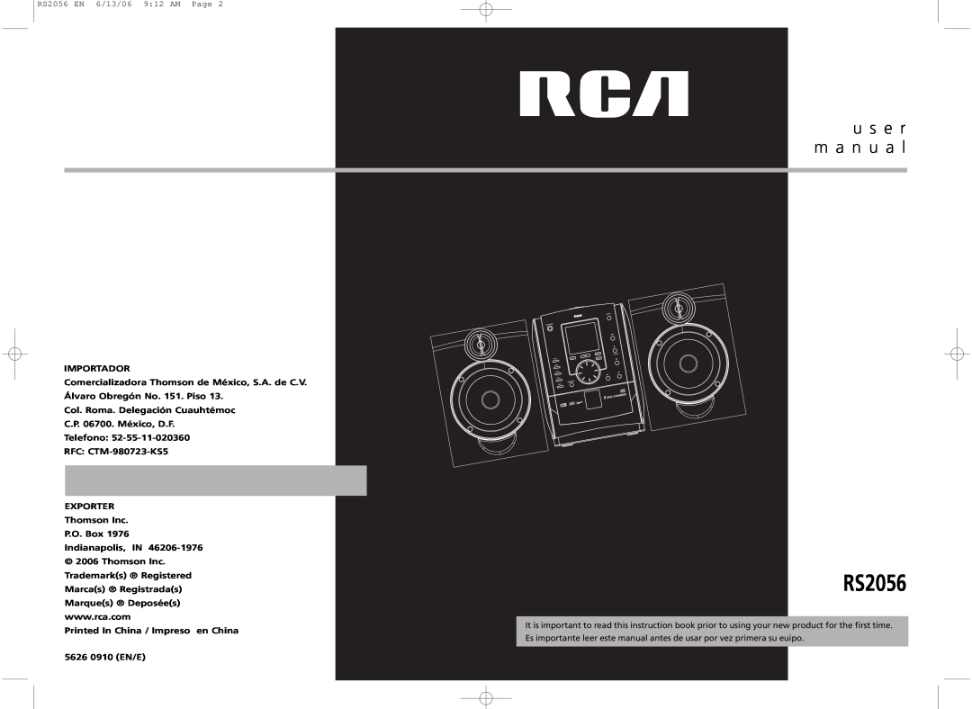 RCA RD2056A user manual Importador, Col. Roma. Delegación Cuauhtémoc C.P. 06700. México, D.F Telefono, RFC CTM-980723-KS5 