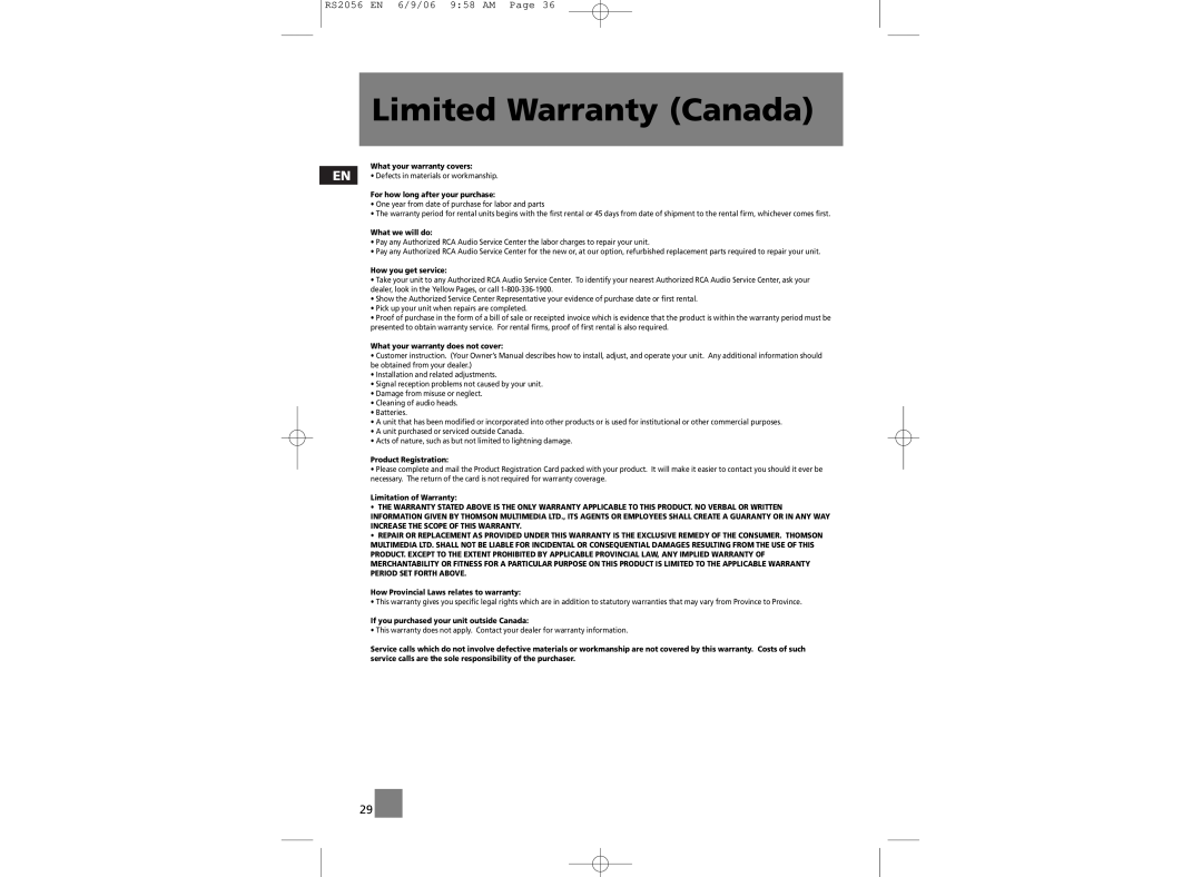 RCA RD2056A user manual Limited Warranty Canada, RS2056 EN 6/9/06 958 AM Page 