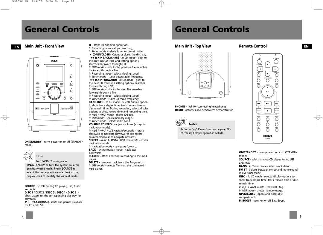 RCA RS2056, RD2056A user manual General Controls, EN Main Unit - Front View, Main Unit - Top View, Remote Control, Tips 