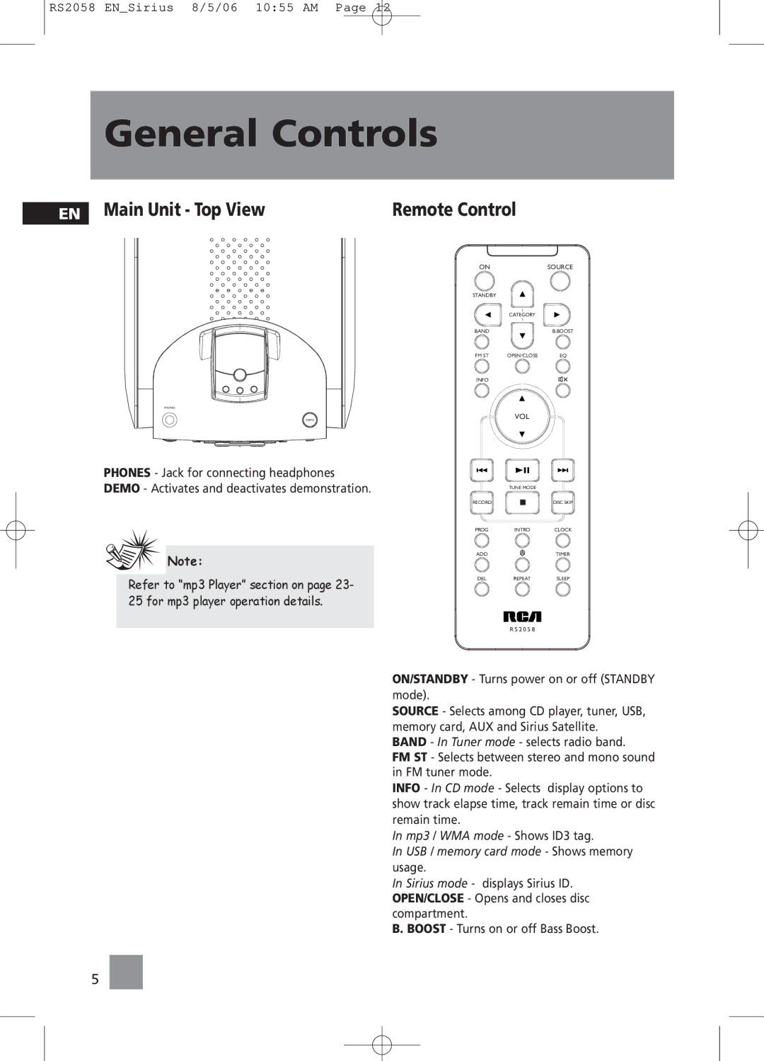 RCA RS2058 user manual EN Main Unit Top View, Remote Control 