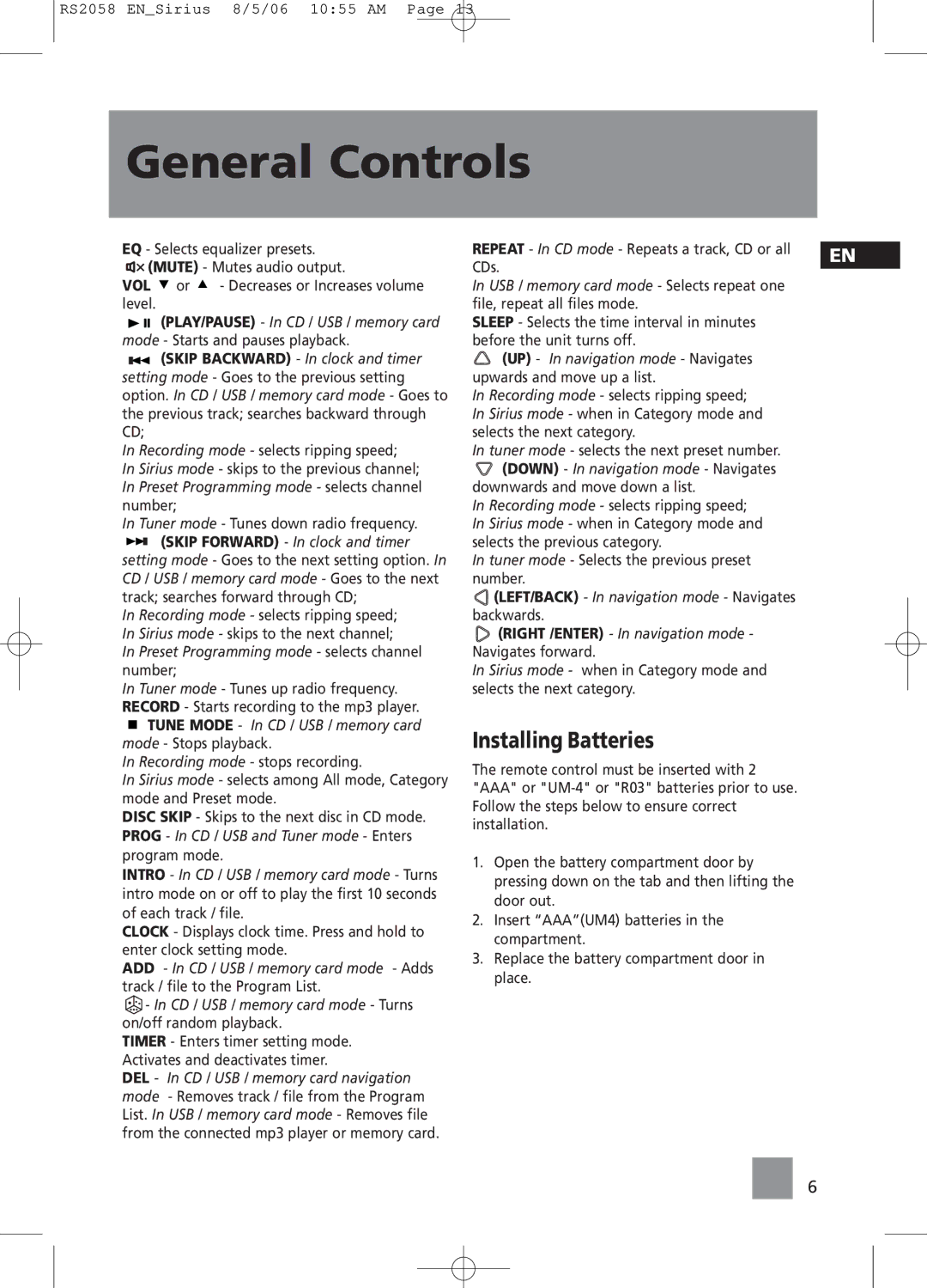 RCA RS2058 user manual Installing Batteries, Preset Programming mode selects channel number 