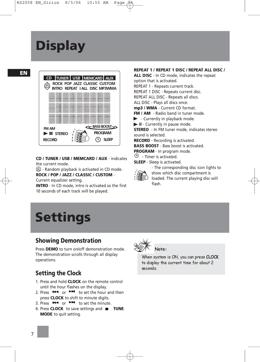 RCA RS2058 user manual Display, Settings, Showing Demonstration, Setting the Clock 