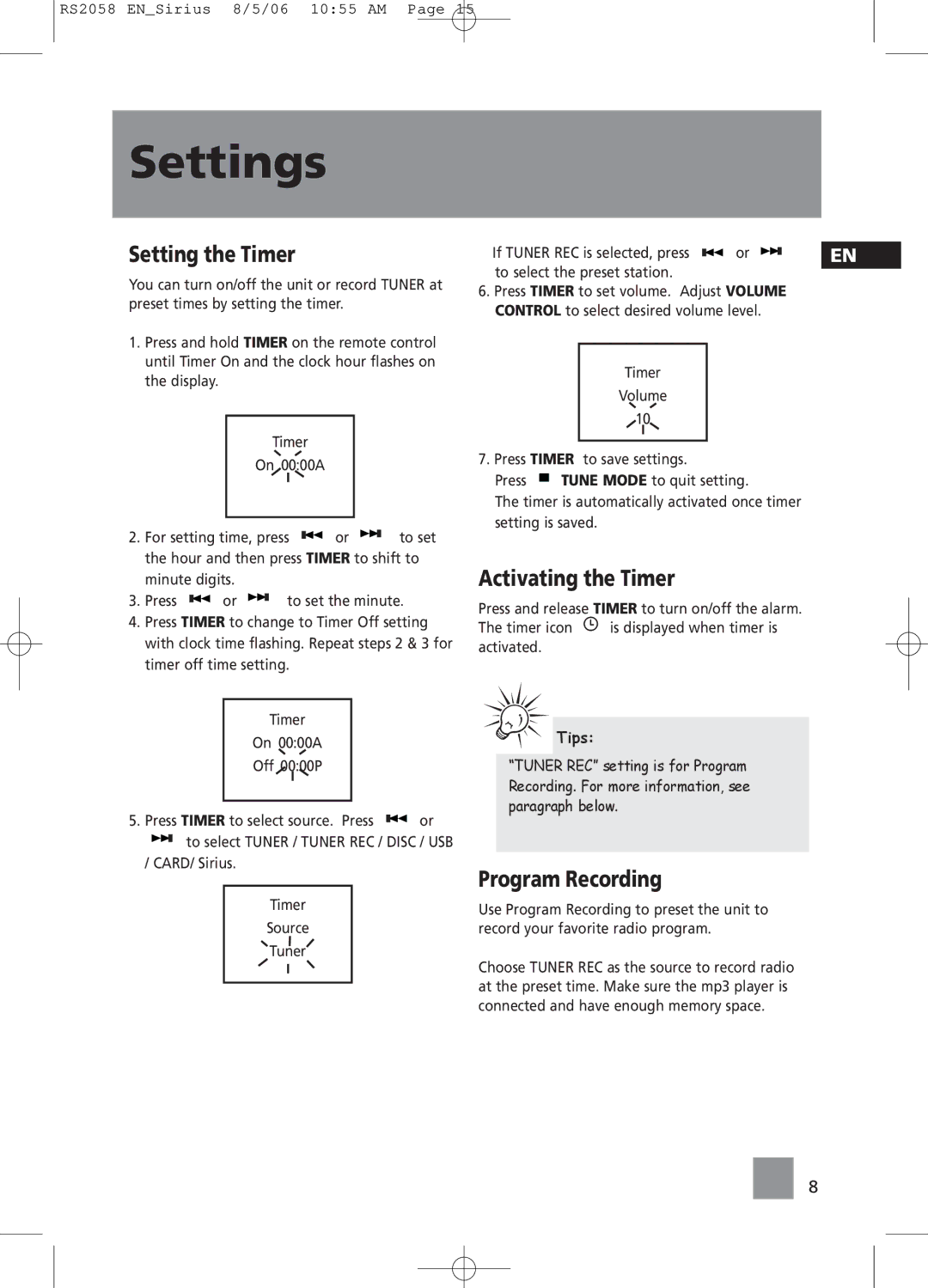 RCA RS2058 user manual Setting the Timer, Activating the Timer, Program Recording 