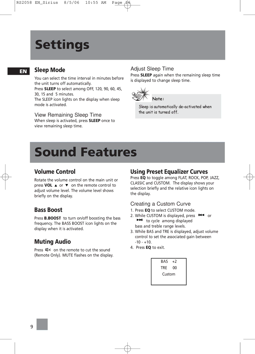 RCA RS2058 user manual Sound Features 