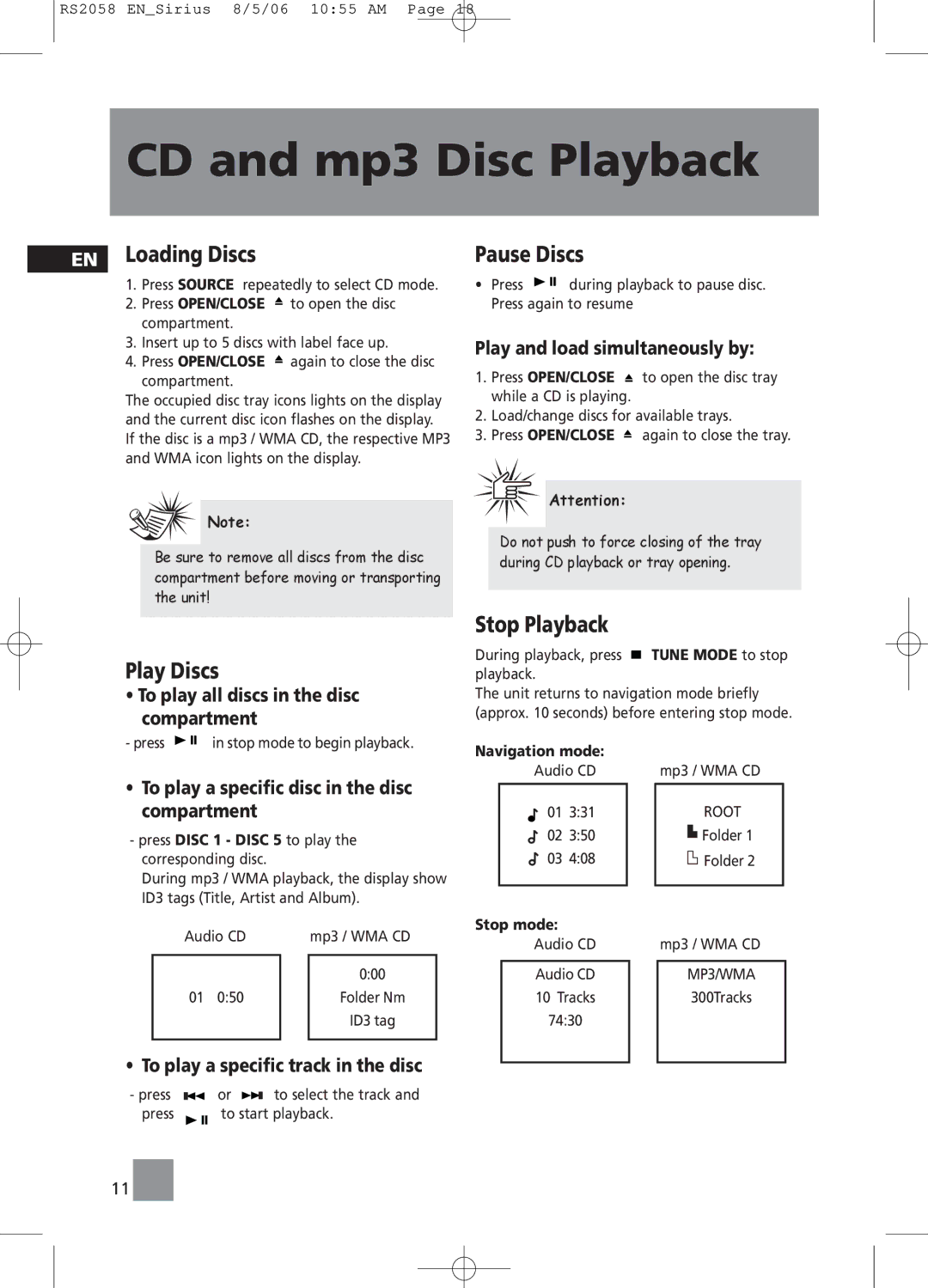 RCA RS2058 user manual EN Loading Discs, Play Discs, Pause Discs, Stop Playback 