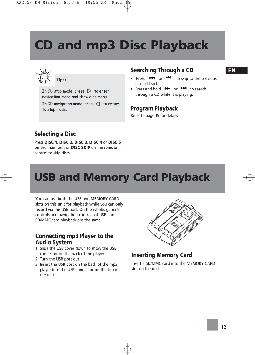 RCA RS2058 Selecting a Disc, Searching Through a CD, Program Playback, Connecting mp3 Player to the Audio System 