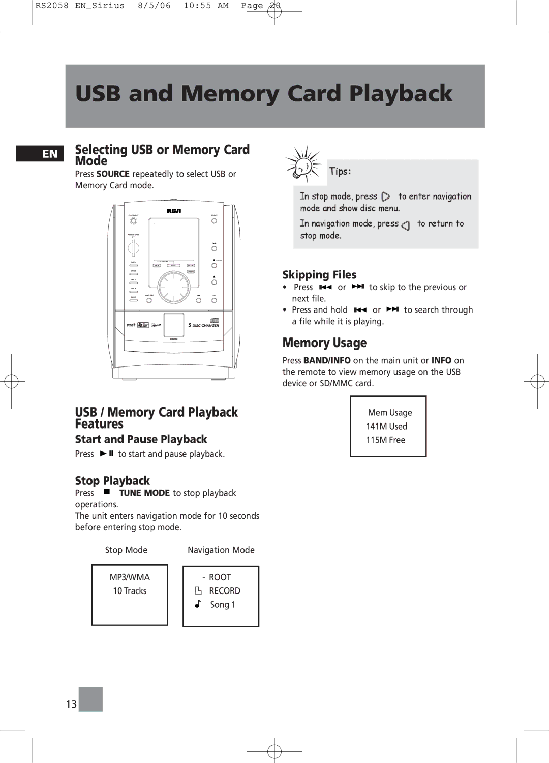 RCA RS2058 user manual Mode, USB / Memory Card Playback Features, Memory Usage 