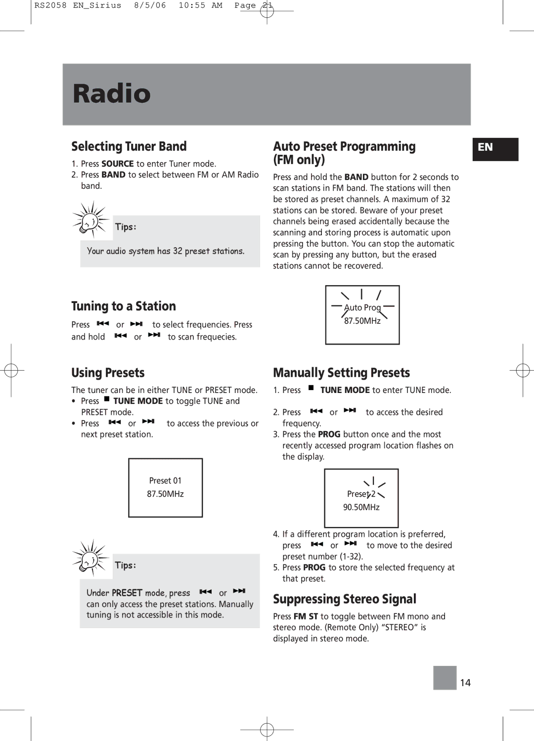 RCA RS2058 user manual Radio 