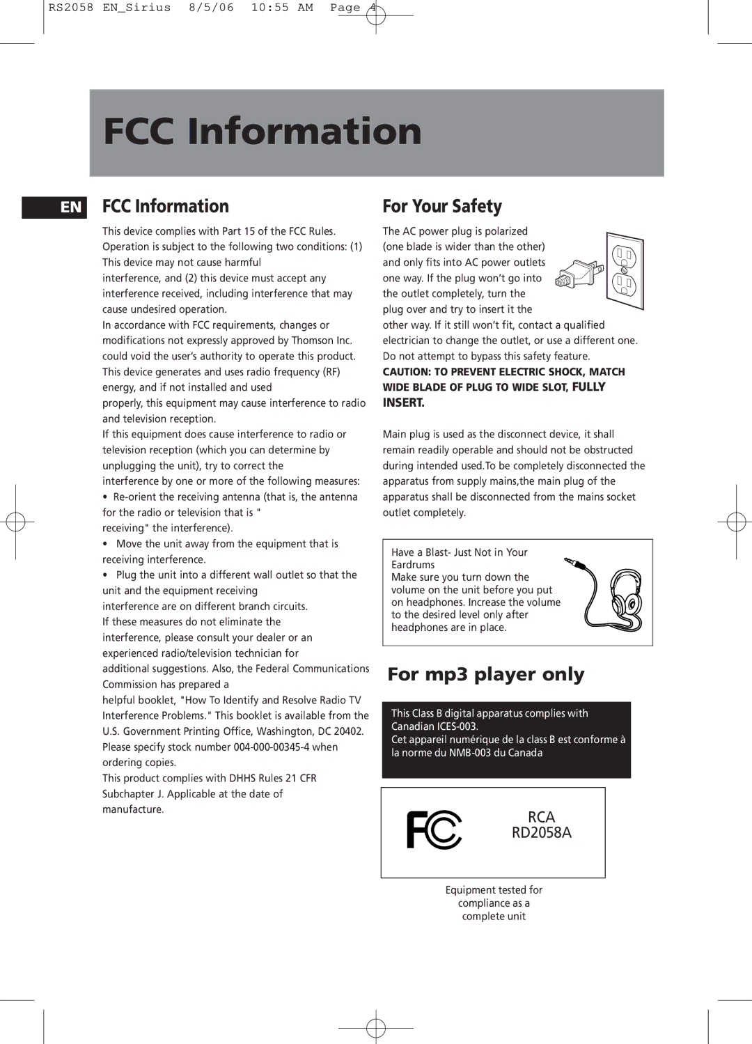 RCA RS2058 user manual EN FCC Information, For Your Safety, For mp3 player only 