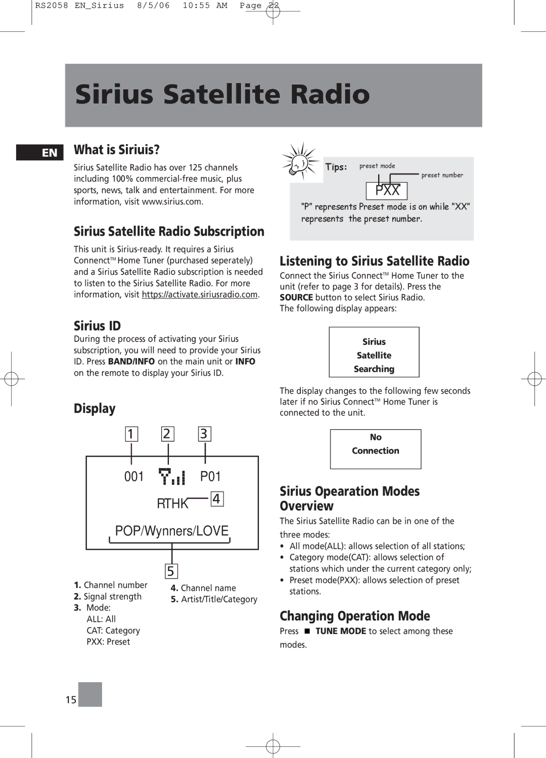 RCA RS2058 user manual Sirius Satellite Radio 