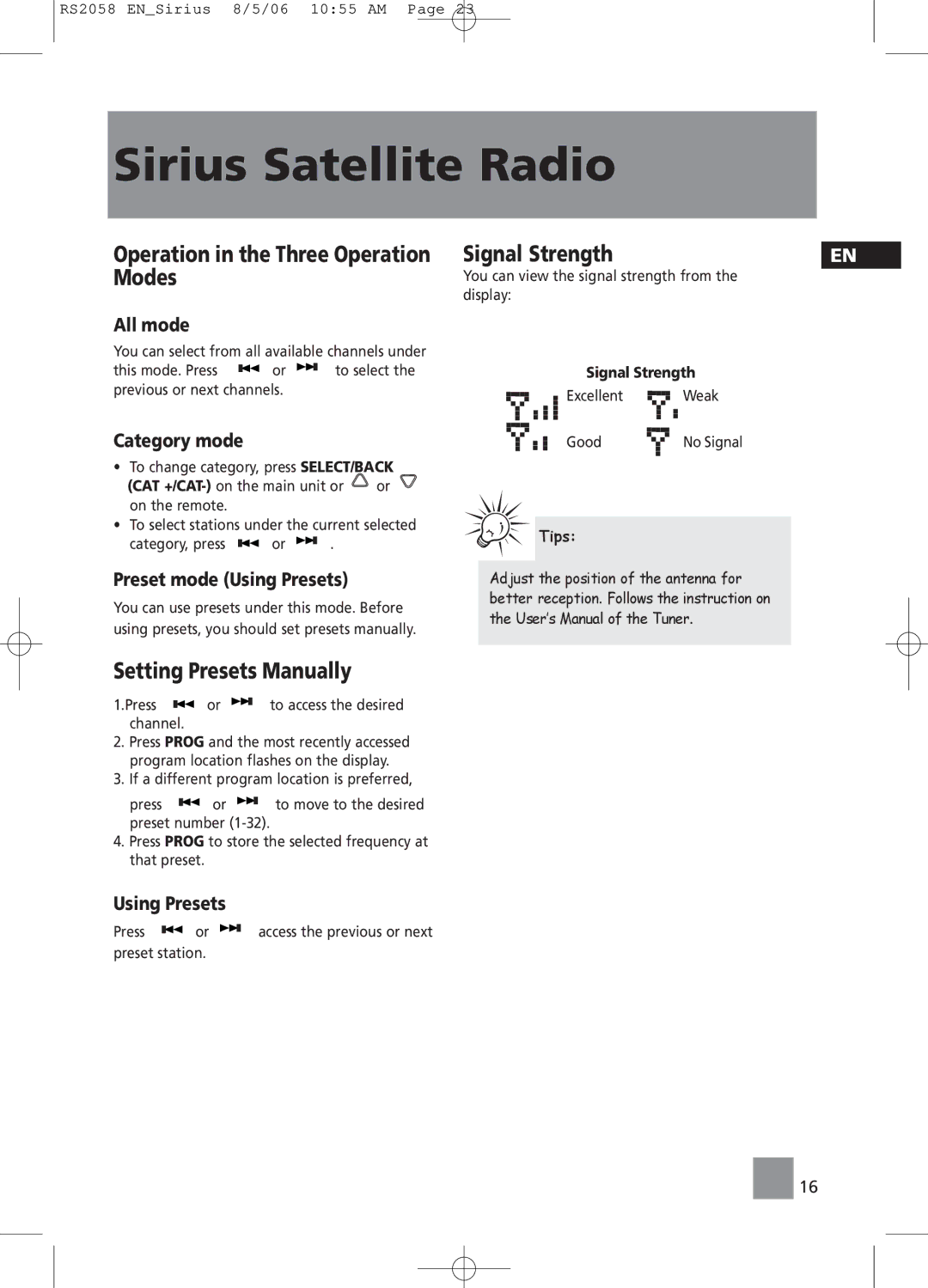 RCA RS2058 user manual Operation in the Three Operation Modes, Signal Strength, Setting Presets Manually 