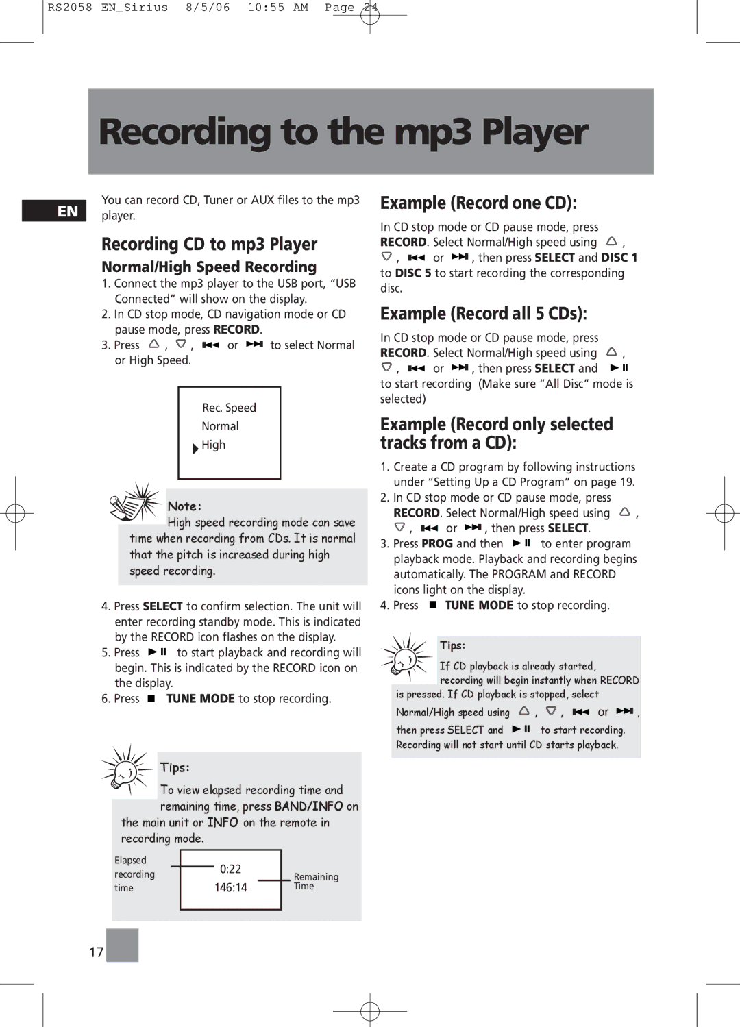 RCA RS2058 Recording to the mp3 Player, Recording CD to mp3 Player, Example Record one CD, Example Record all 5 CDs 