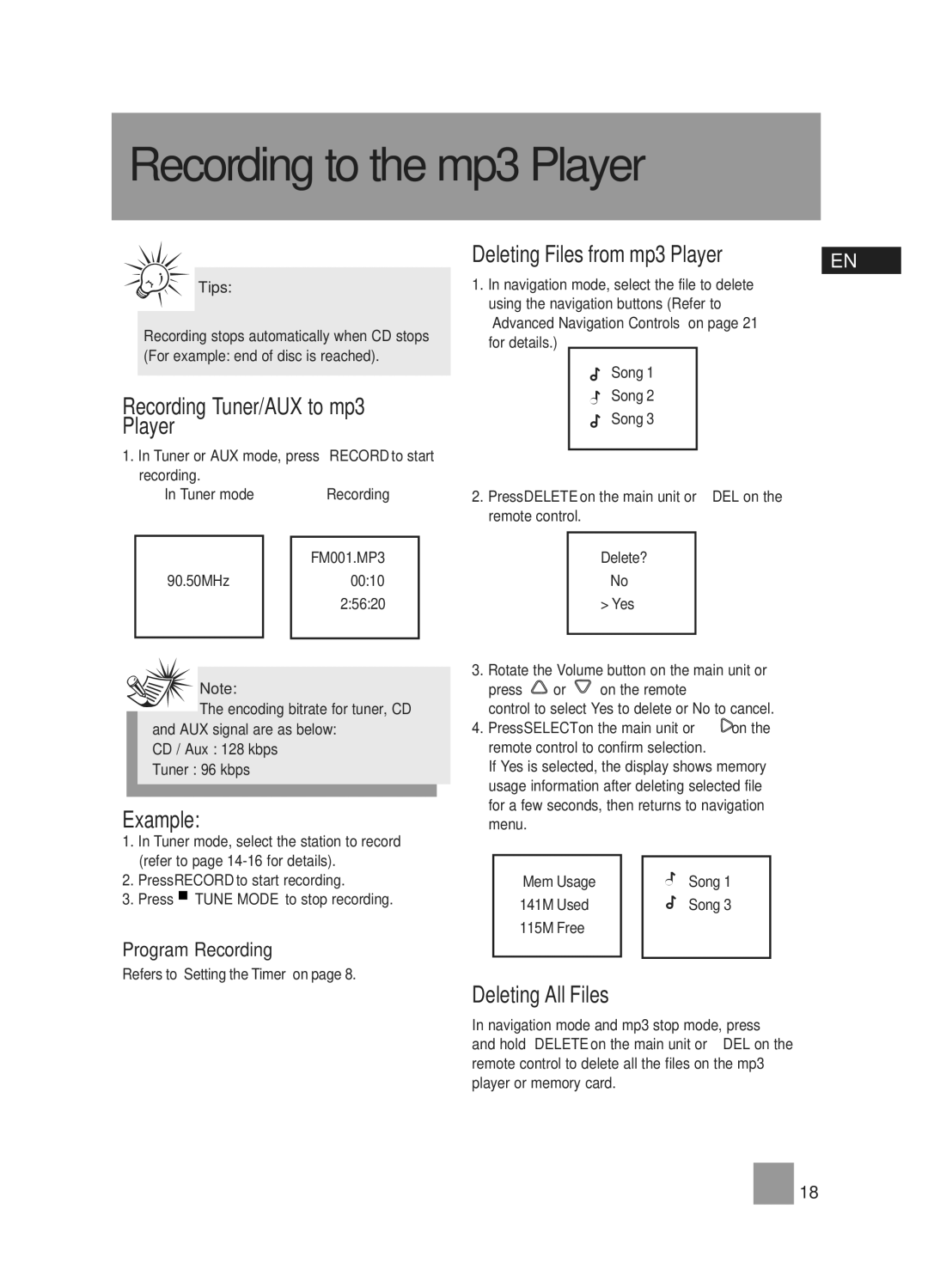 RCA RS2058 user manual Recording Tuner/AUX to mp3 Player, Deleting Files from mp3 Player, Example, Deleting All Files 