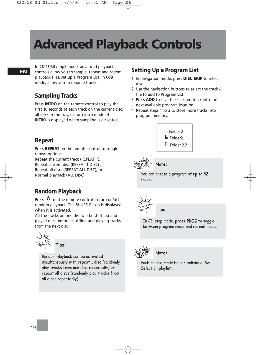 RCA RS2058 user manual Advanced Playback Controls, Sampling Tracks, Repeat, Setting Up a Program List, Random Playback 