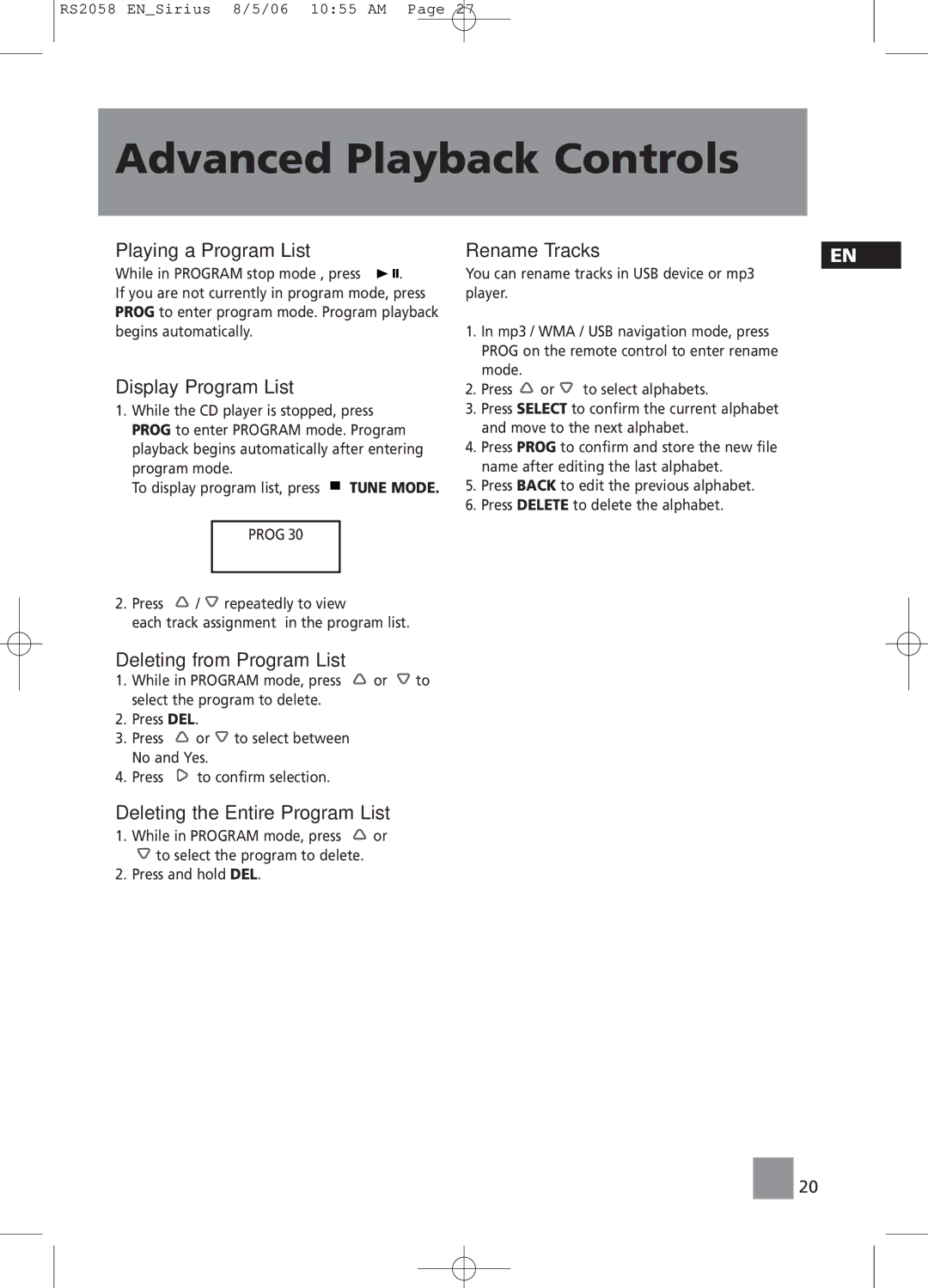 RCA RS2058 user manual Playing a Program List, Display Program List, Deleting from Program List, Rename Tracks 