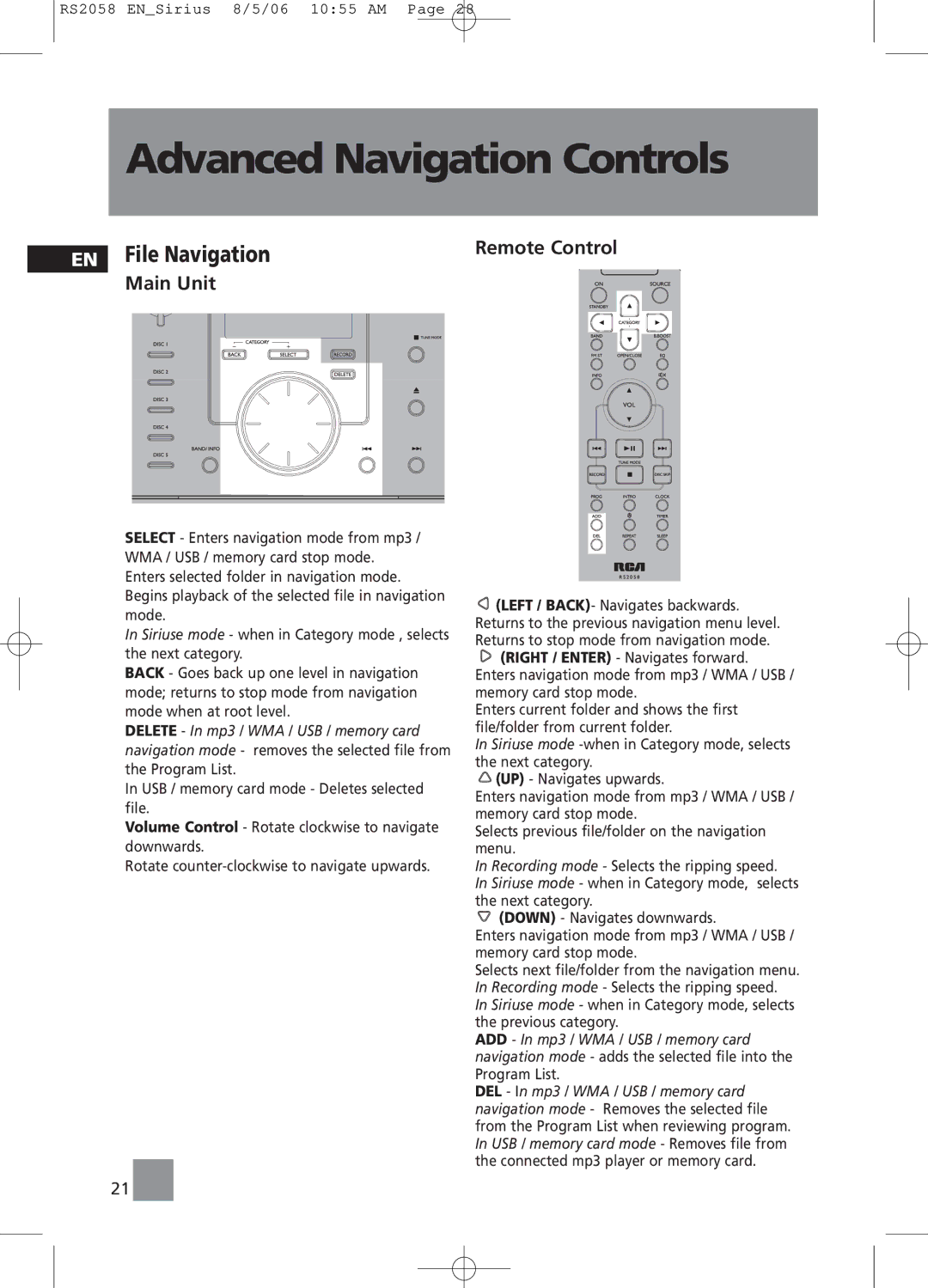 RCA RS2058 user manual Advanced Navigation Controls, File Navigation Remote Control Main Unit 