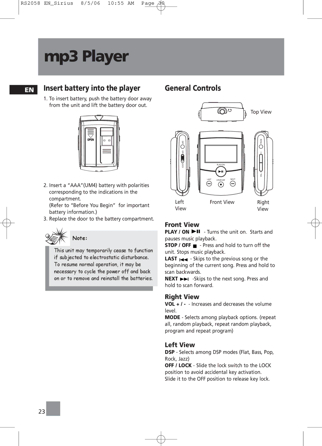 RCA RS2058 user manual Mp3 Player, Insert battery into the player 