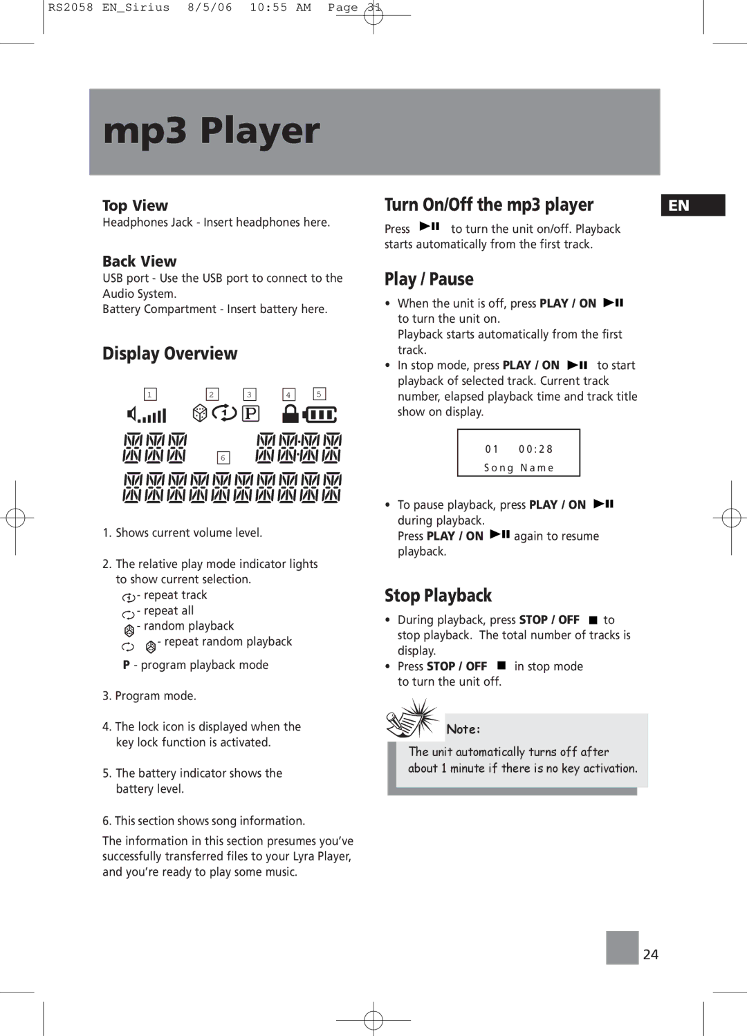 RCA RS2058 user manual Display Overview, Turn On/Off the mp3 player, Play / Pause, Top View, Back View 