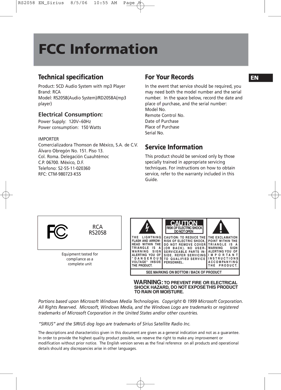 RCA RS2058 user manual Technical specification, For Your Records, Service Information, Electrical Consumption 