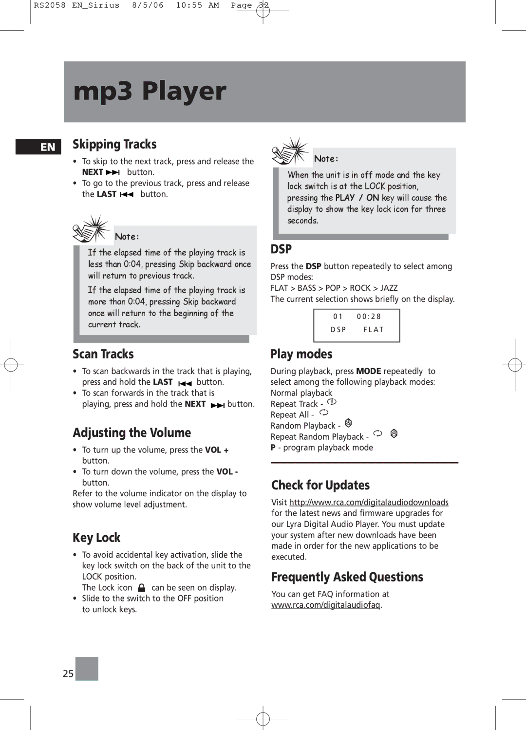 RCA RS2058 user manual EN Skipping Tracks, Scan Tracks, Adjusting the Volume, Key Lock, Play modes 