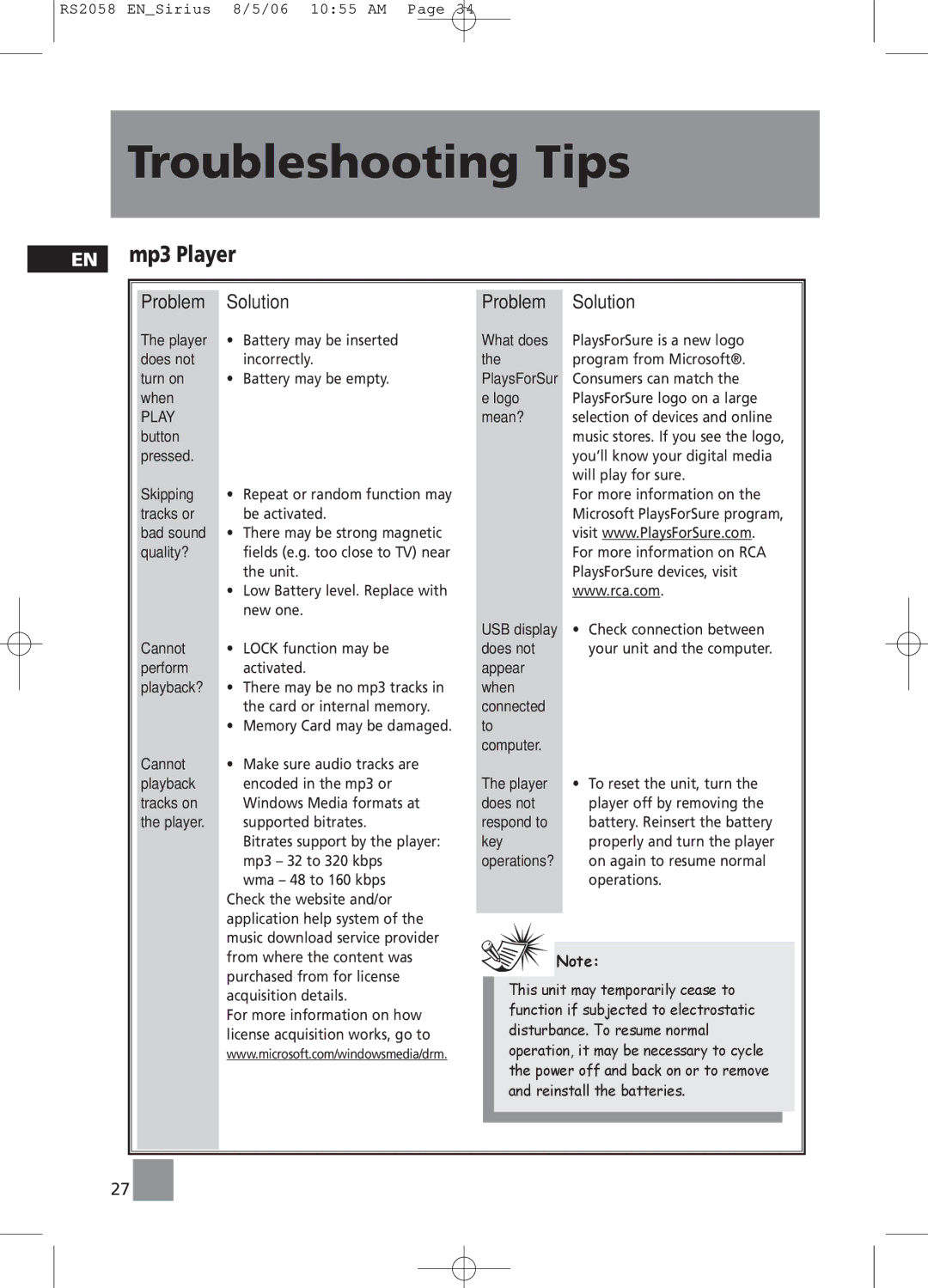 RCA RS2058 user manual EN mp3 Player, Problem Solution 